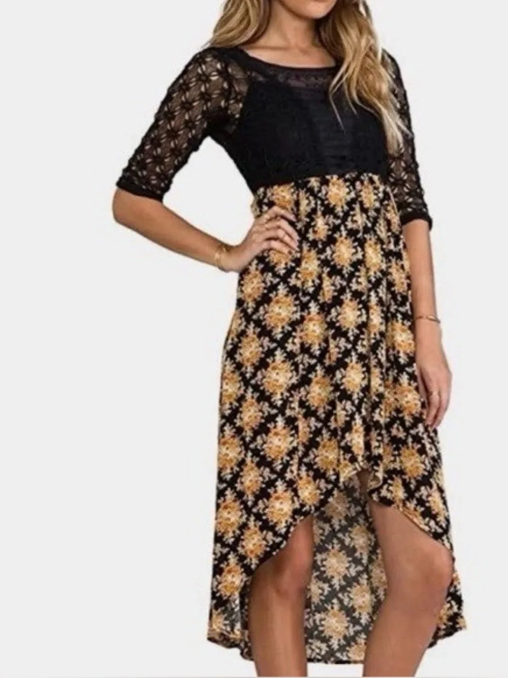 FREE PEOPLE 90s Y2K Mesh Lace Crochet Floral Lonesome Dove Whimsygoth Dress sz 6